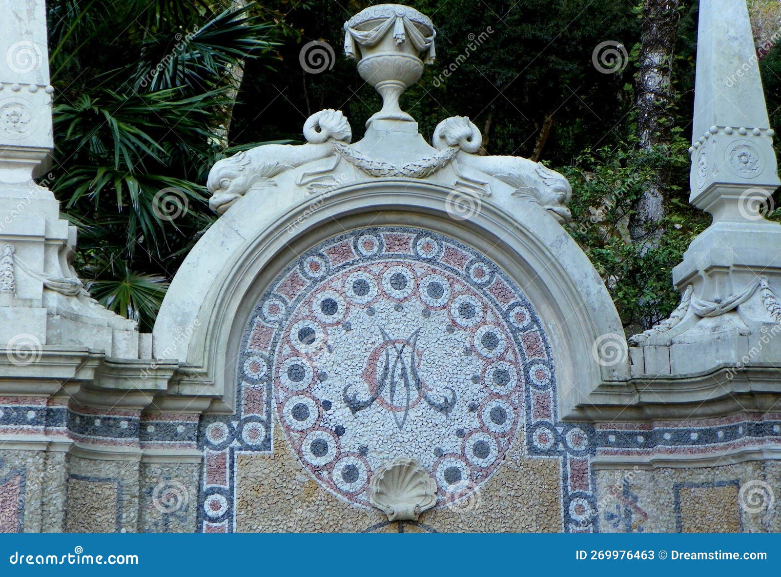 portugal, sintra, quinta da regaleira, fountain of abundance (fonte da abundancia), part of the facade