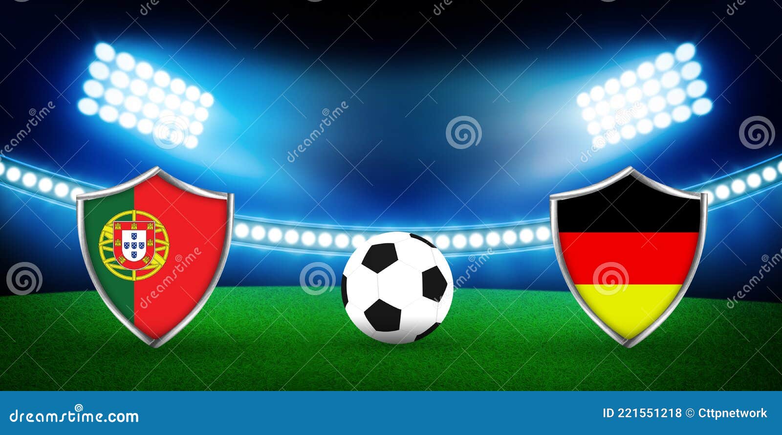 Portugal Vs Germany Football Match Latest Sports Concept Background with Stadium and Glowing Bright Lights Stock Illustration