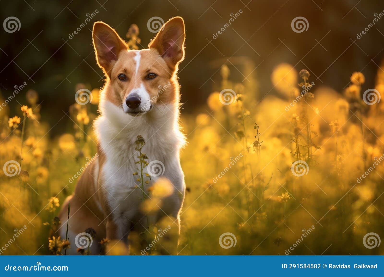 portuguese podengo pequeno dog sitting in meadow field surrounded by vibrant wildflowers and grass on sunny day ai generated