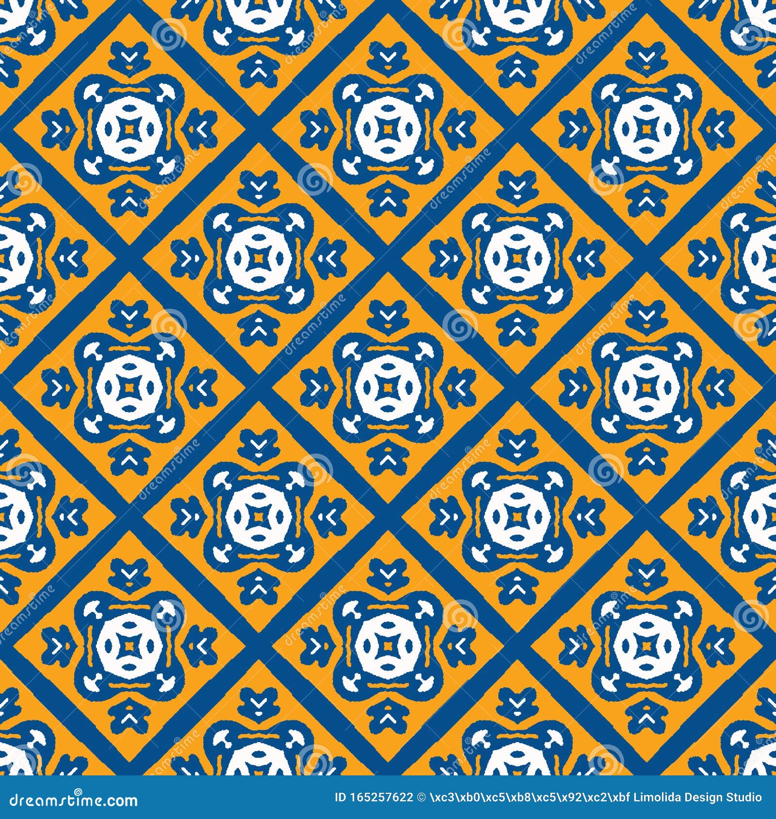 Portuguese Vector Tile Azulejo Pattern. Seamless Lisbon Blue Yellow on ...