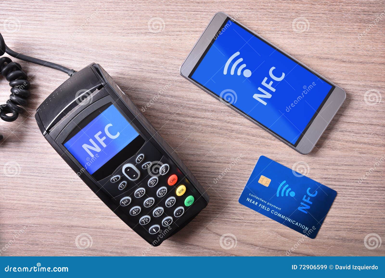 pos card and mobile on wood table nfc transmision system