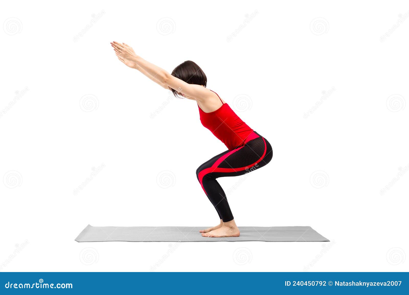 Pose De Chaise De Yoga. Femme En Tenue Attrayante En Rouge Sport