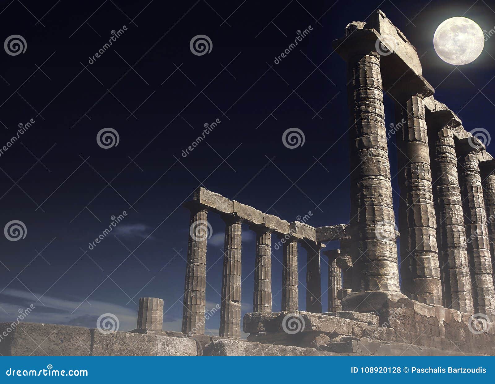 poseidon`s temple at cape sounion under full moon - attica, greece