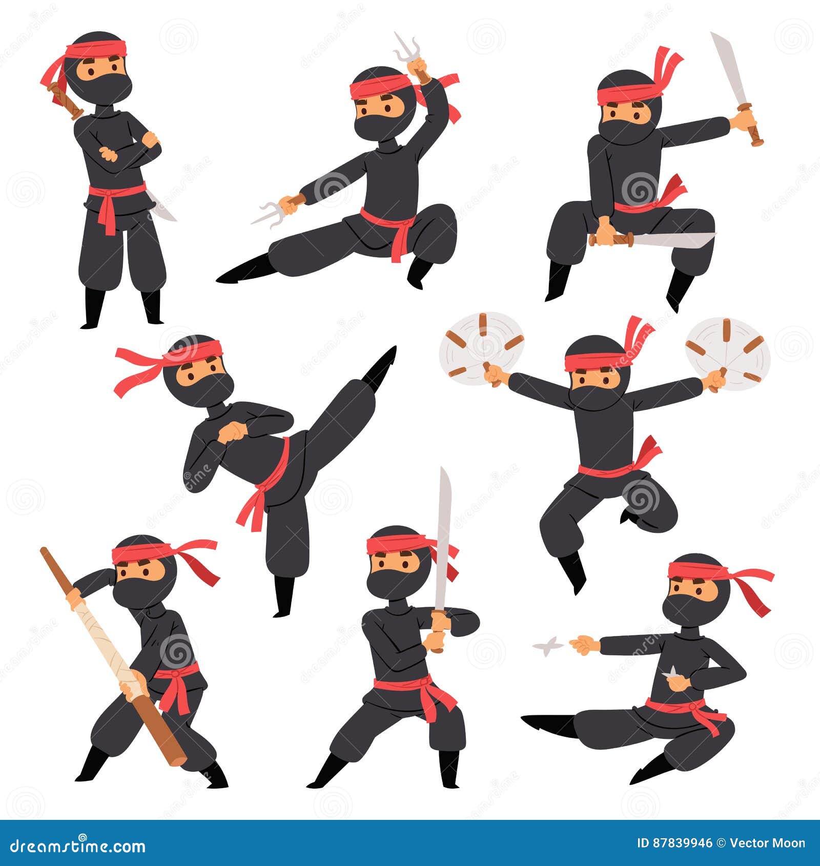 Personagem de desenho animado ninja samurai em várias poses
