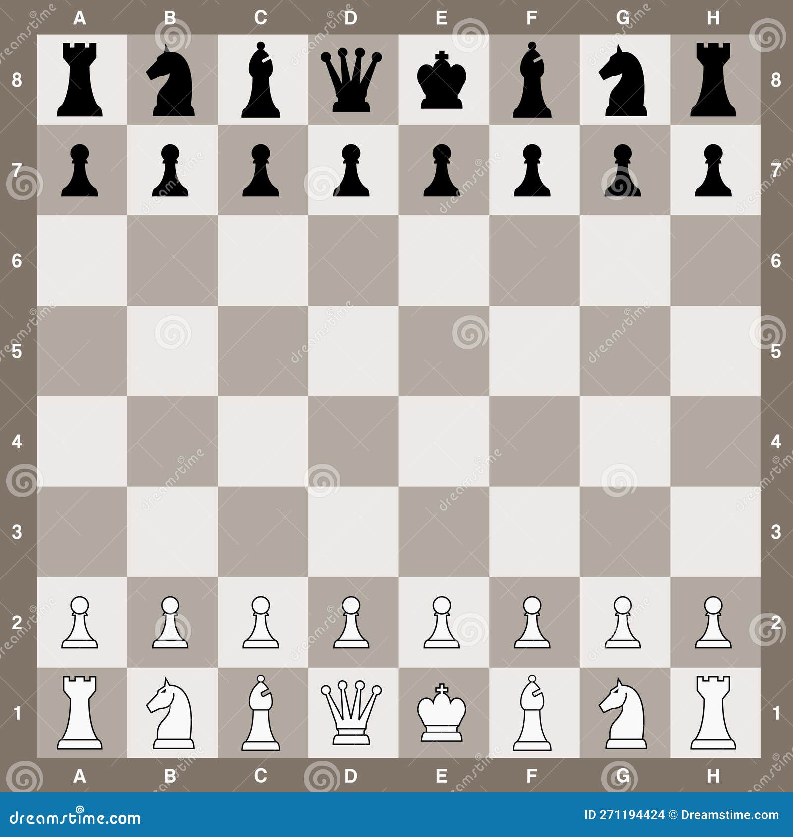 Tabuleiro de xadrez com um conjunto completo de peças de xadrez na posição  inicial