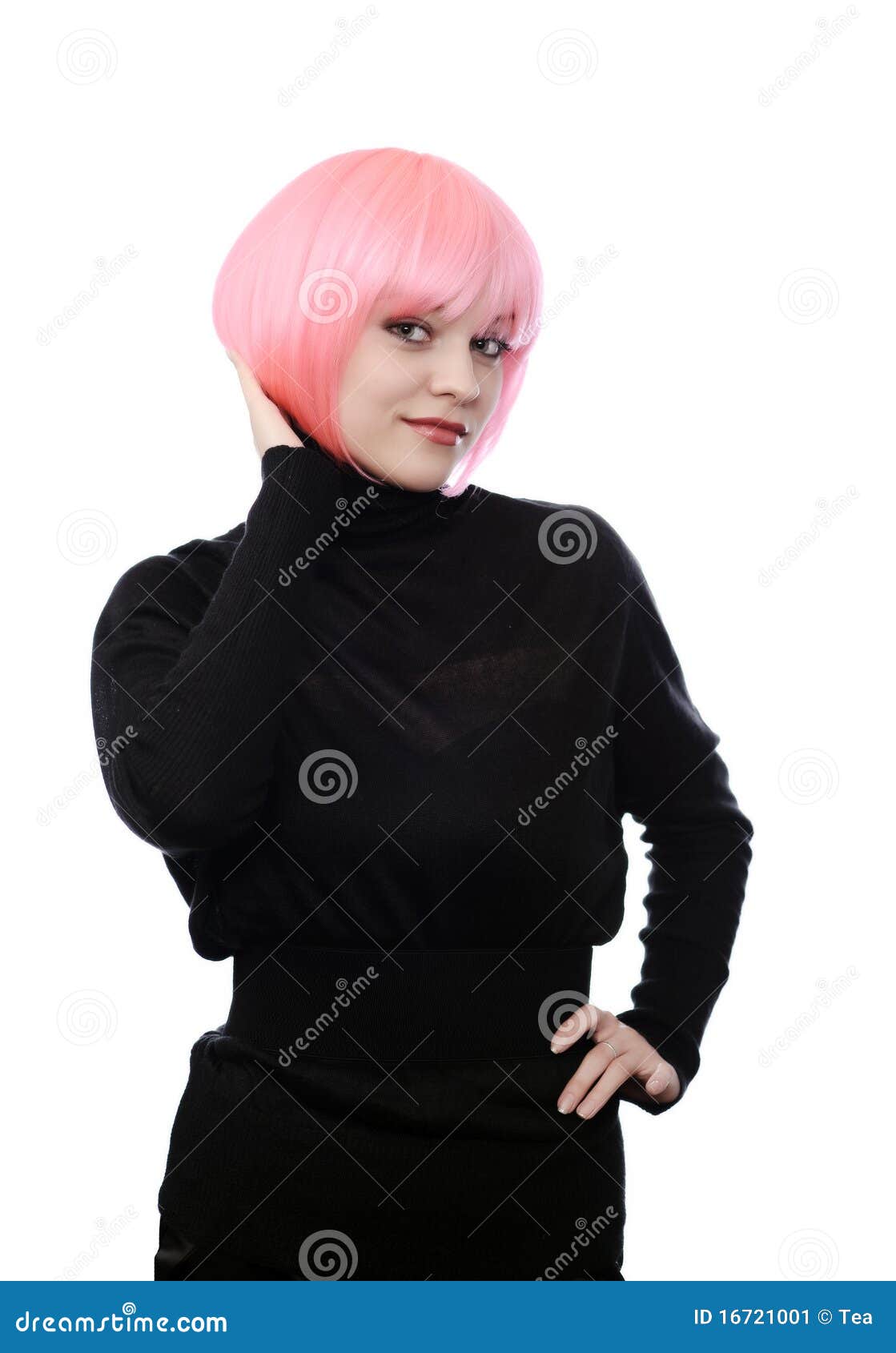 Posing girl with pink hairs. woman in black dress with pink hairs isolated on white