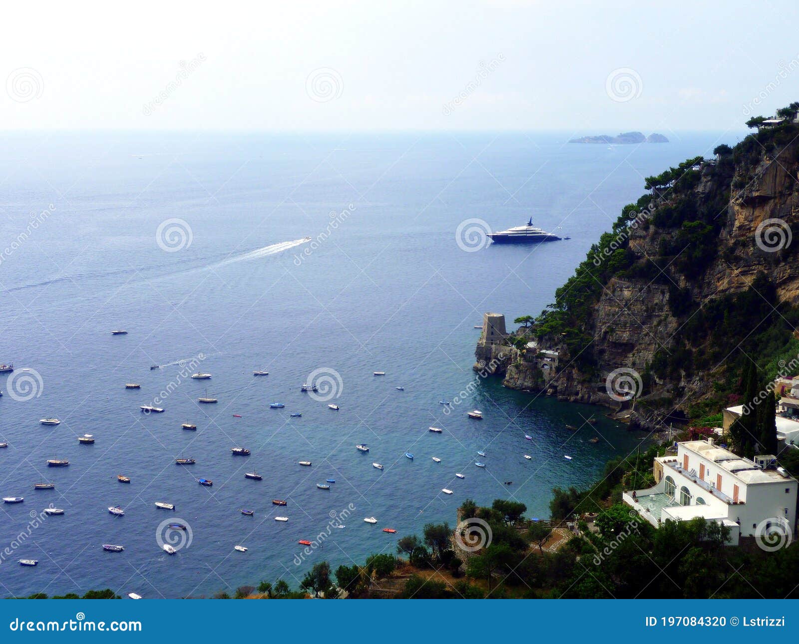 positano landscape and view with clavel tower, amalfi coast, italy