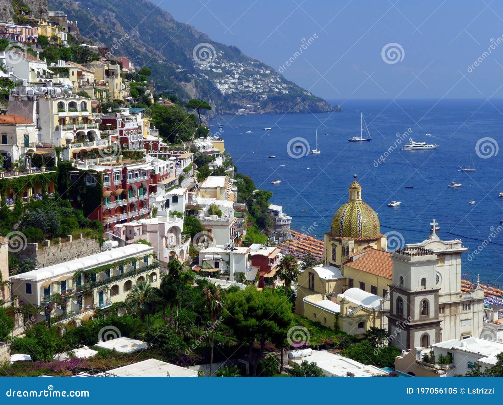 Positano`s Seascape and Dome of the Church of Santa Maria Assunta ...