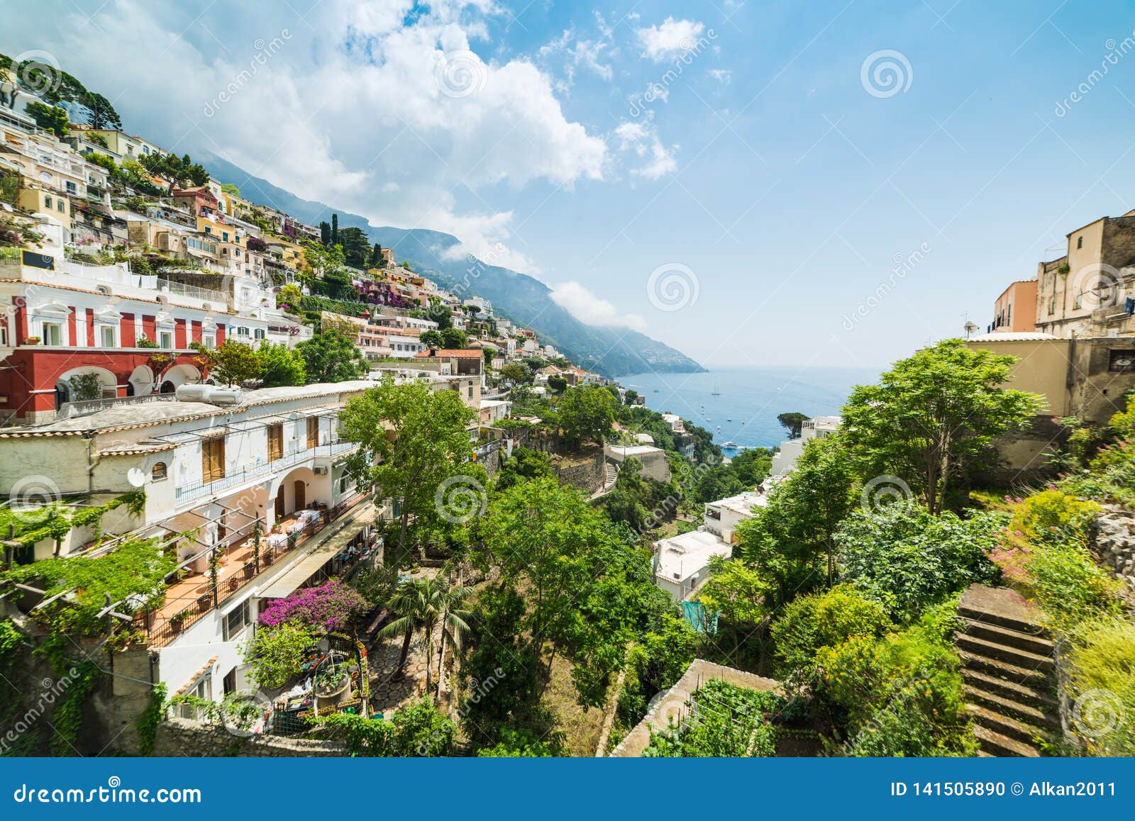 Positano on a sunny day stock photo. Image of boats - 141505890