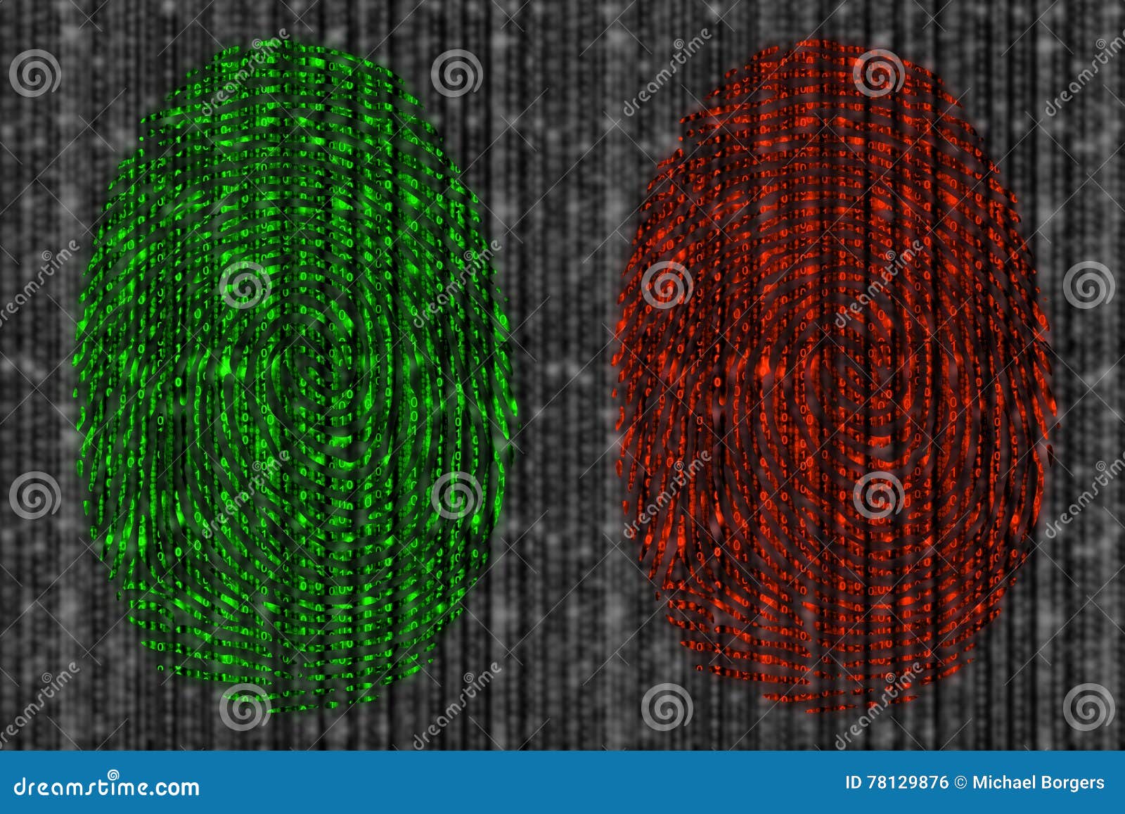 Positieve en negatieve digitale vingerafdruk. Rode en groene vingerafdruk die digitale datastreams op een onscherpe grijze achtergrond van nul 1 openbaart