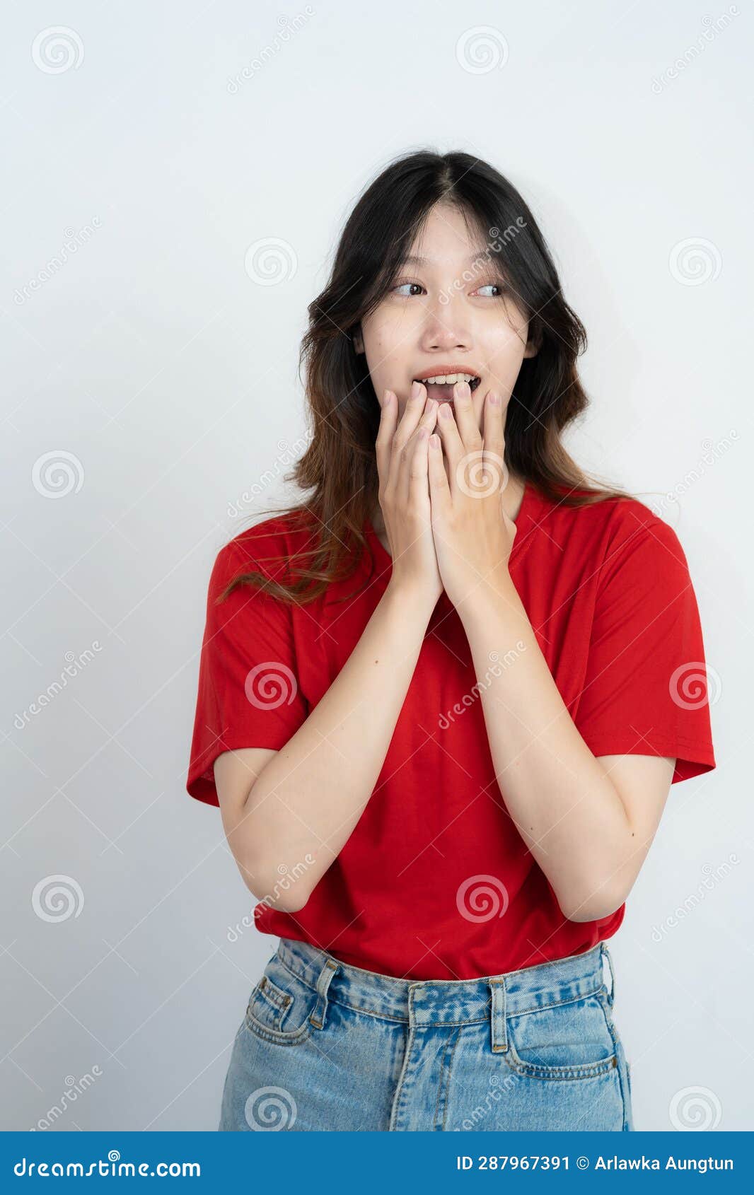 Positive Asian Woman Thinking Creative Choice on White Background ...