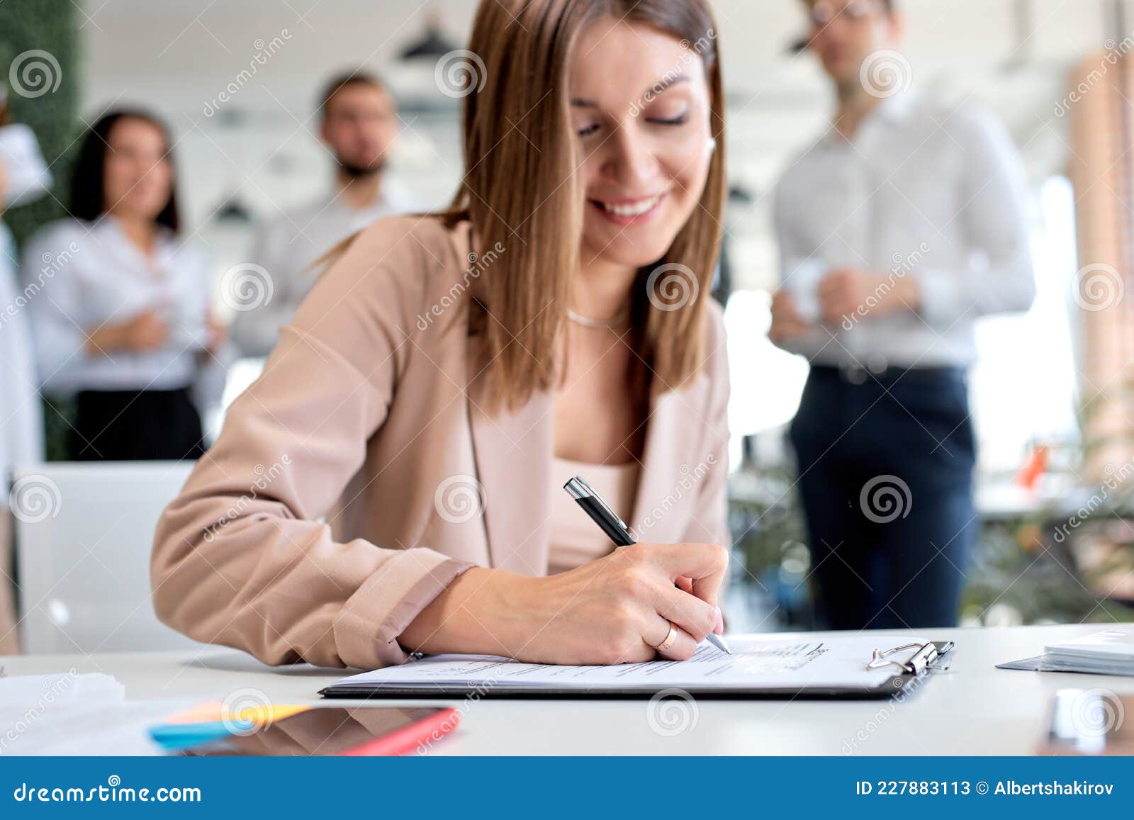 Positive Business Lady Signing Financial Contract, Put Write Positive Business Lady Signing Financial Contract, Put Write