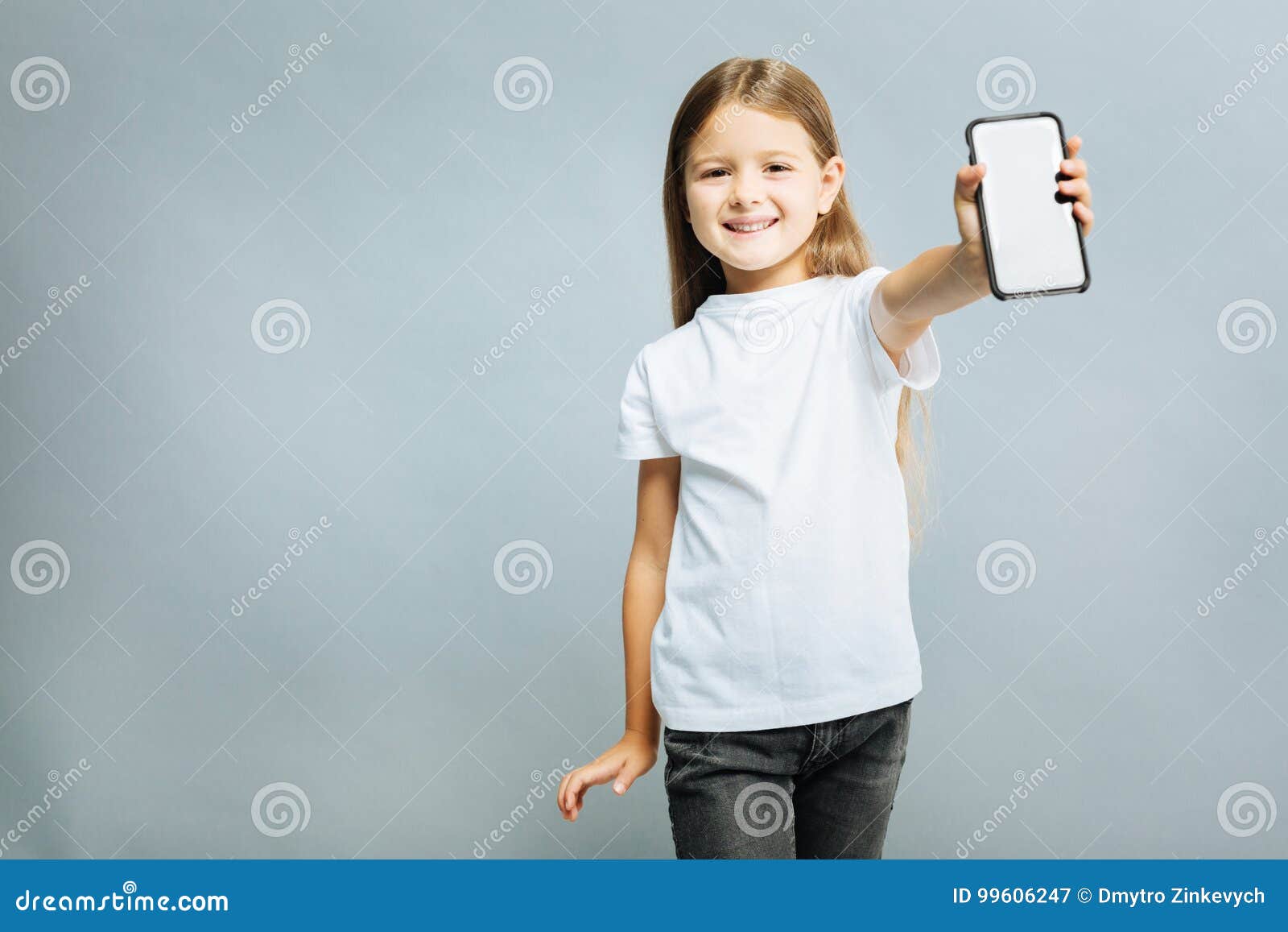 Positive Girl Showing Her Mobile Phone Stock Image - Image of indoor ...