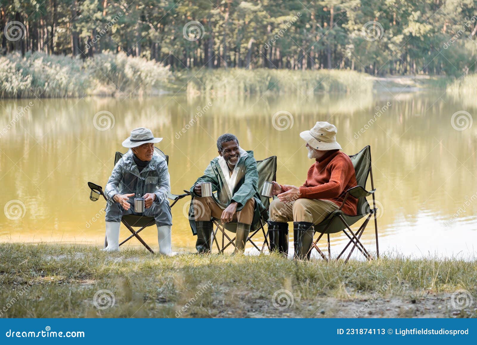 Positive Interracial Men in Fishing Outfit Stock Image - Image of nature,  smiling: 231874113