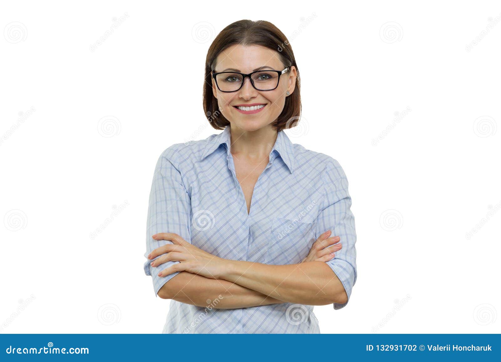 positive mature woman on white  background. confident female smiling arms crossed, businesswomen, specialist, expert