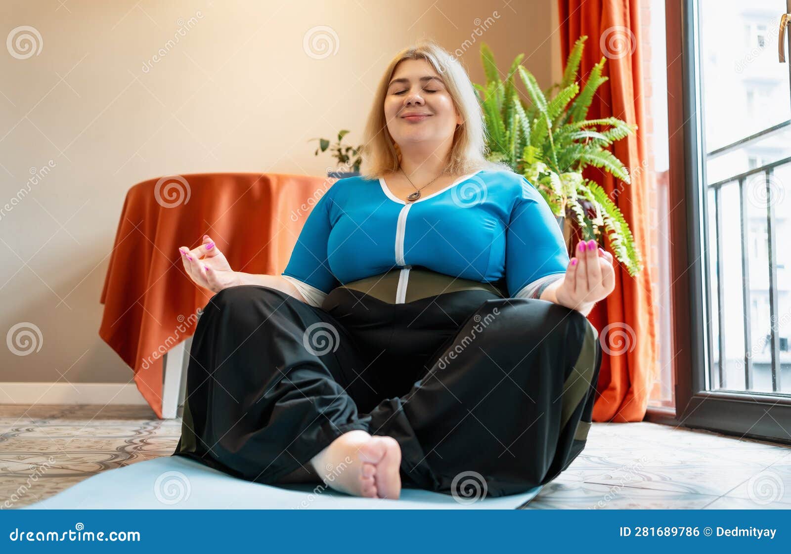 Plus Size Curvy Woman In Yoga Positions Set, Plump Girl Practicing