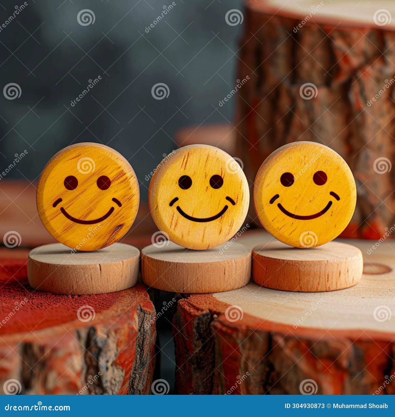 positive reviews wooden buttons display smiley faces for customer feedback concept