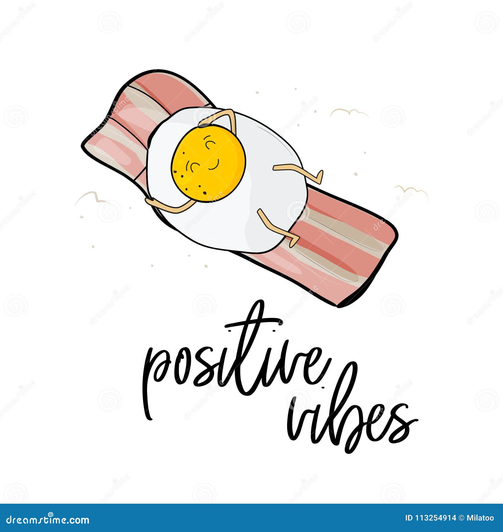 positive vibes print. cute kawaii characters.  . cartoon style. funny pun quote. egg on bacon tanning. cool mod
