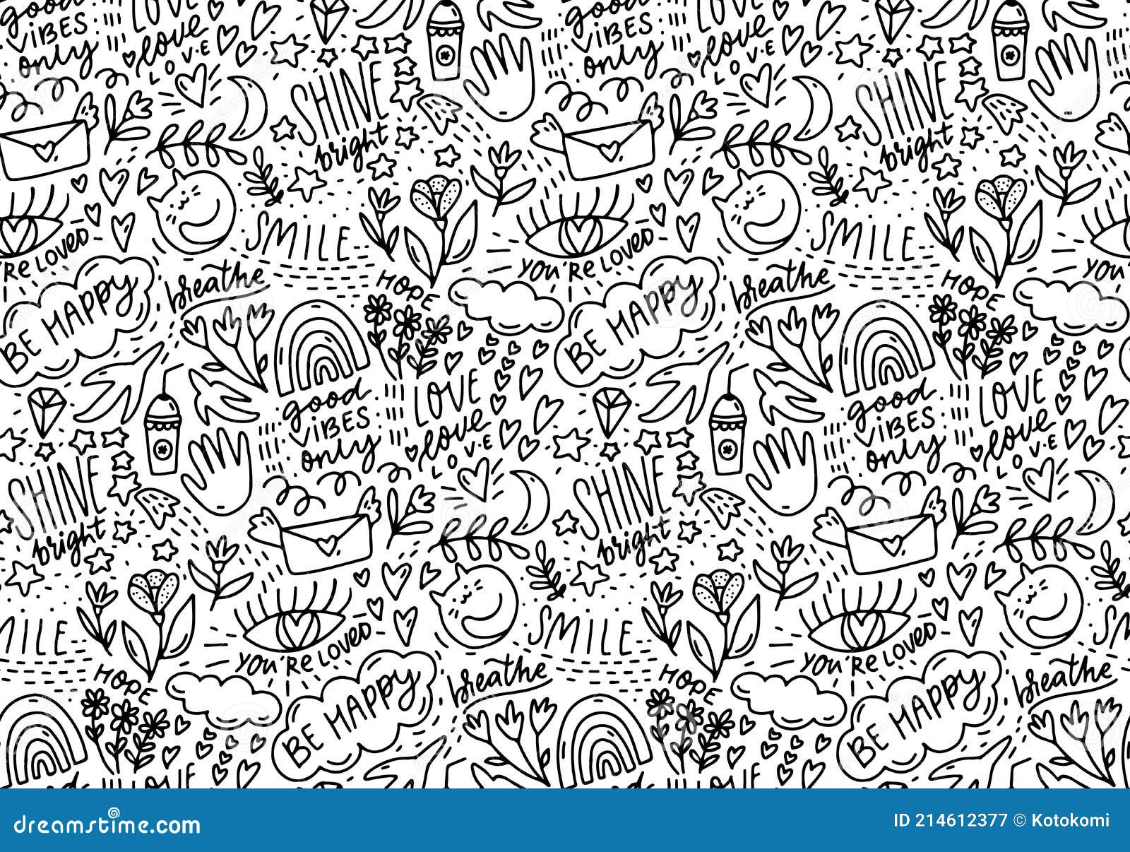 positive words doodle pattern, lots of hand drawn s and sayings. smile, be happy, shine - handwriting text