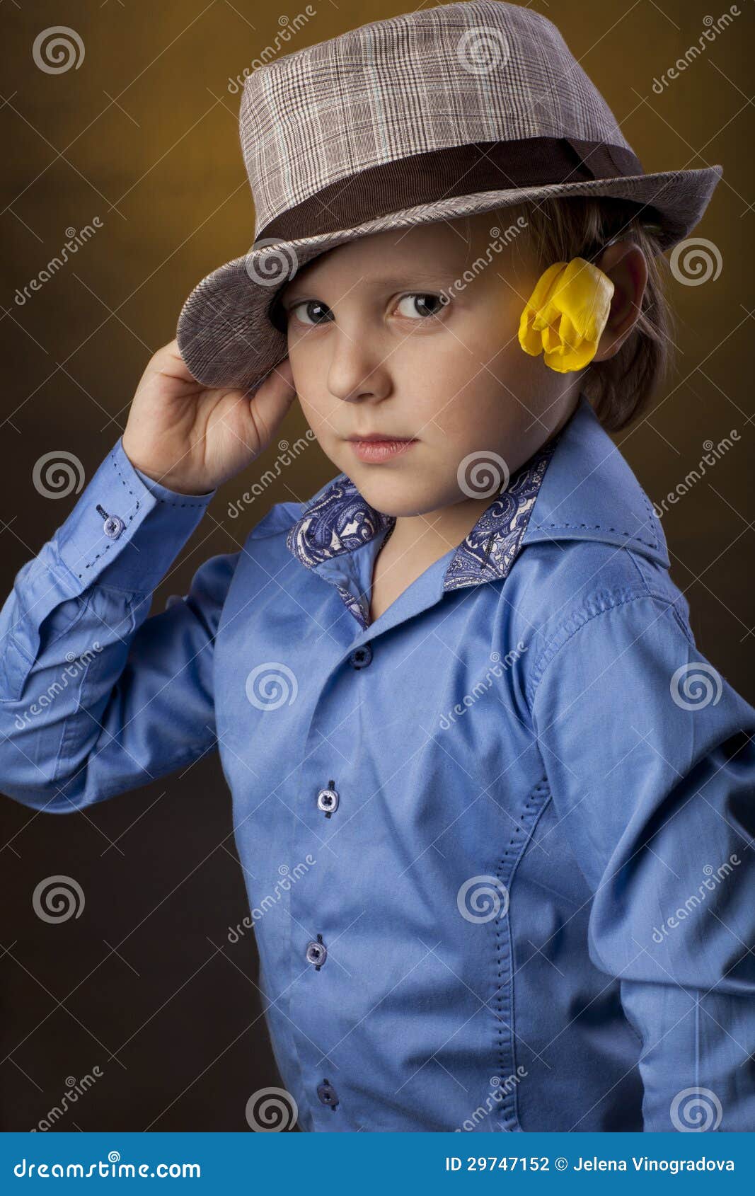 Boy with hat and flower stock photo. Image of blue, positive 29747152