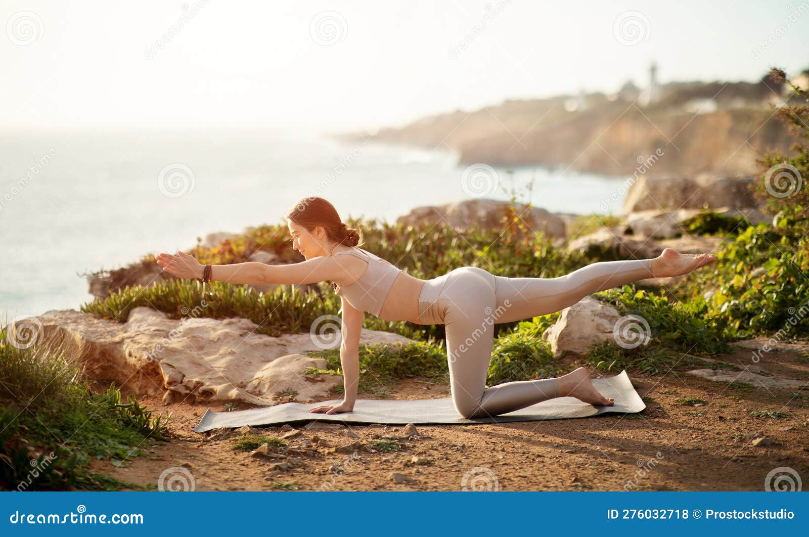 Positive Young human: millennial, - Profile Stock Plank of Beach, Make Exercises Yoga, Image Woman in Photo on 276032718 Ocean Sportswear Caucasian Practicing