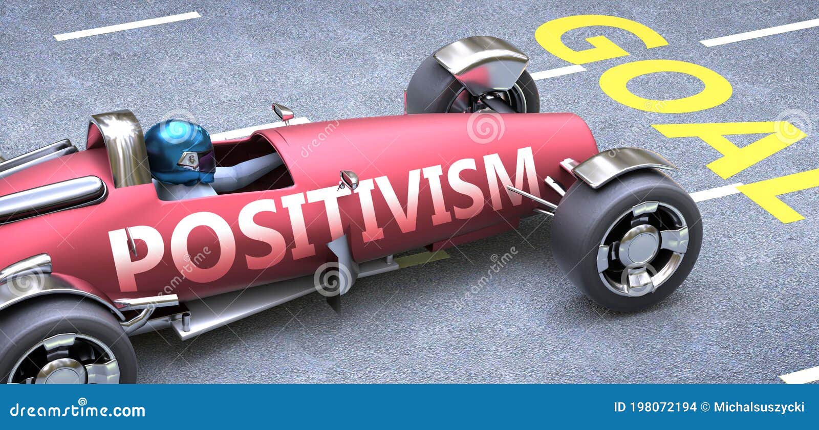 positivism helps reaching goals, pictured as a race car with a phrase positivism on a track as a metaphor of positivism playing