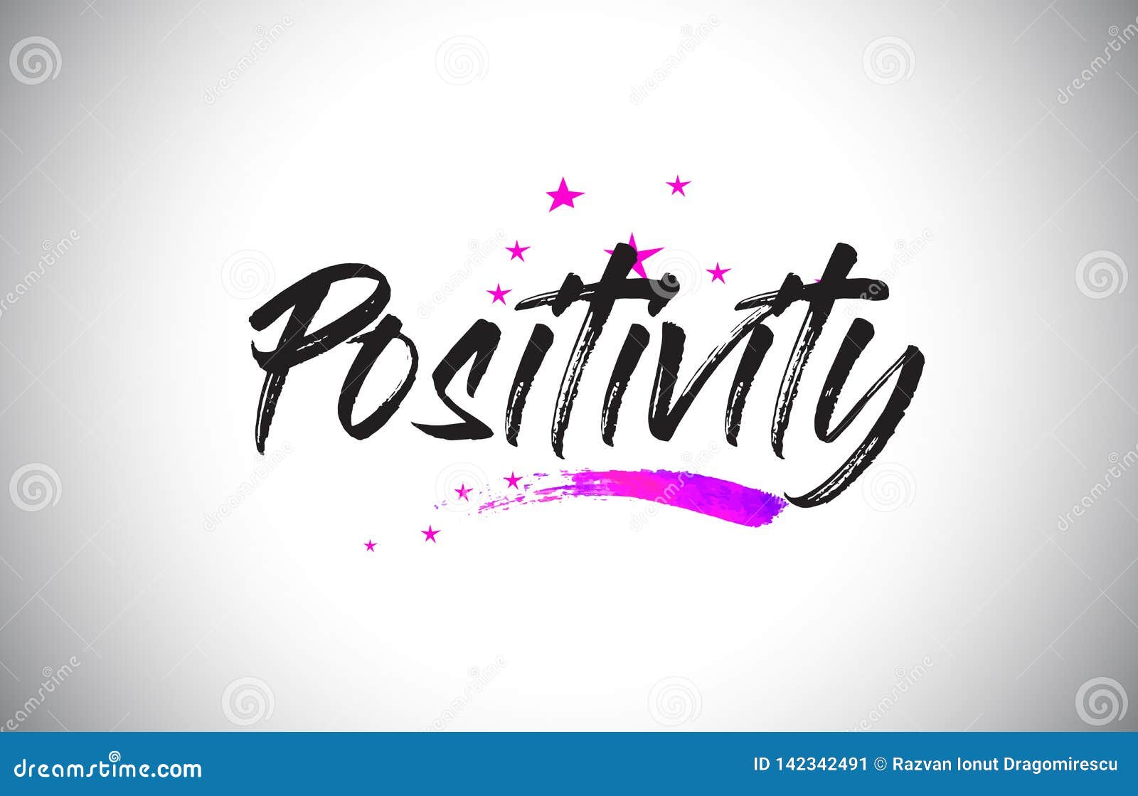 positivity handwritten word font with vibrant violet purple stars and confetti 