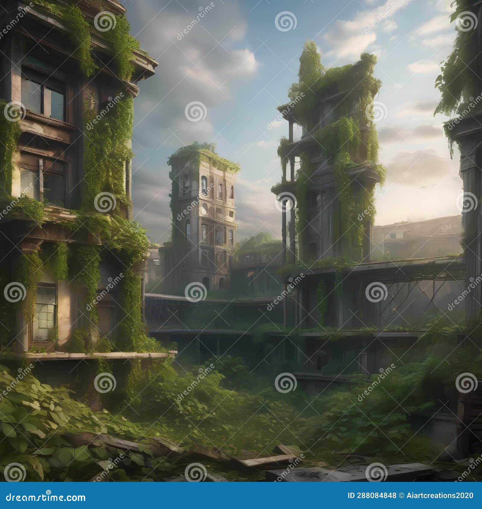 post-apocalyptic depiction of nature reclaiming a ruined metropolis, with vines and greenery everywhere1