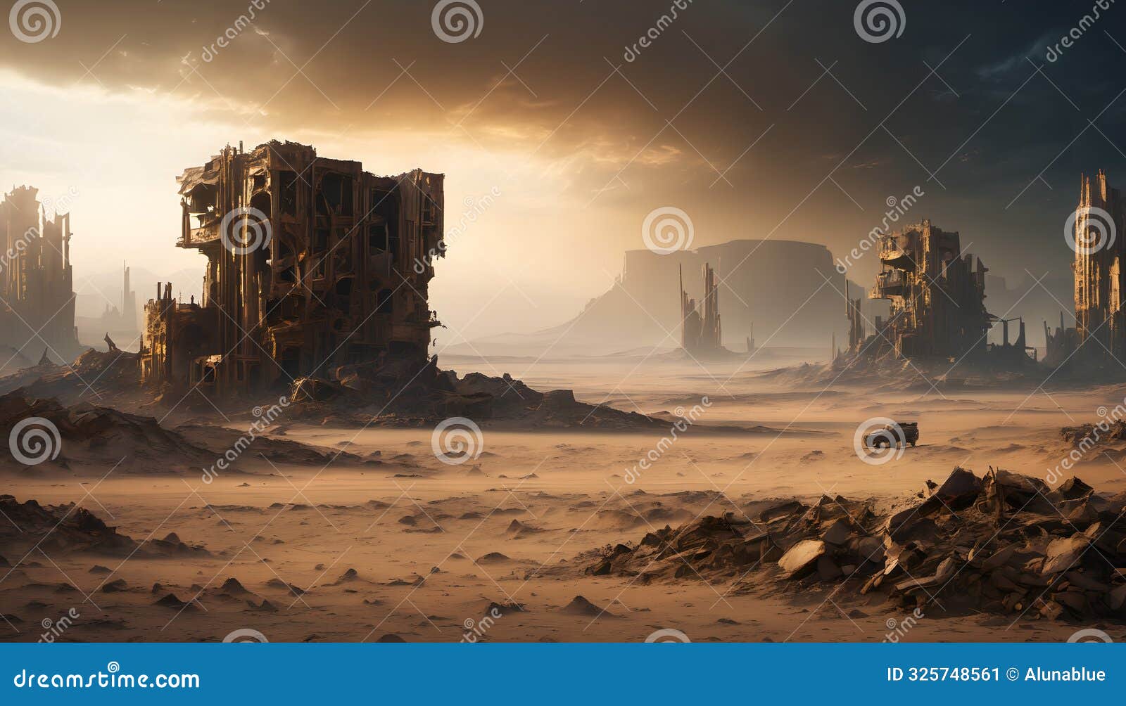 post-apocalyptic desert ruins at sunset
