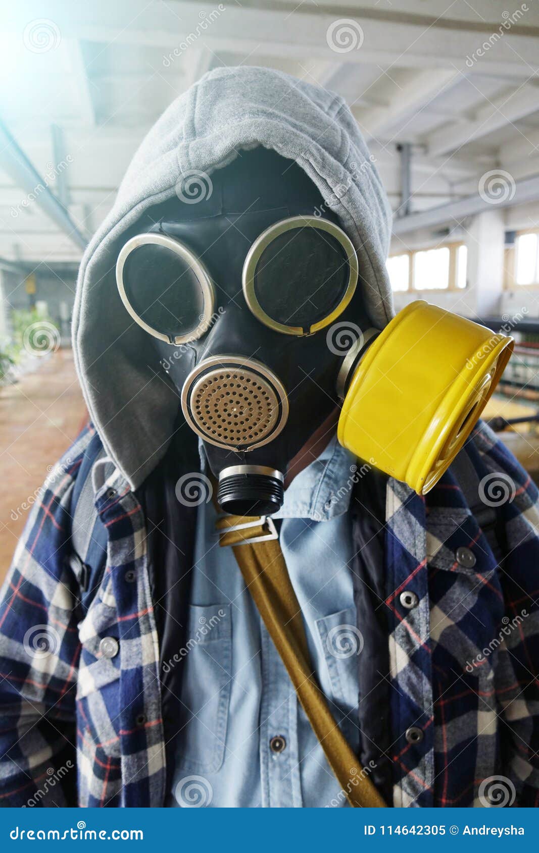 Post-apocalyptic.the Guy in the Gas Stands in an Abandoned Building Stock Image - Image of safety, limitation: