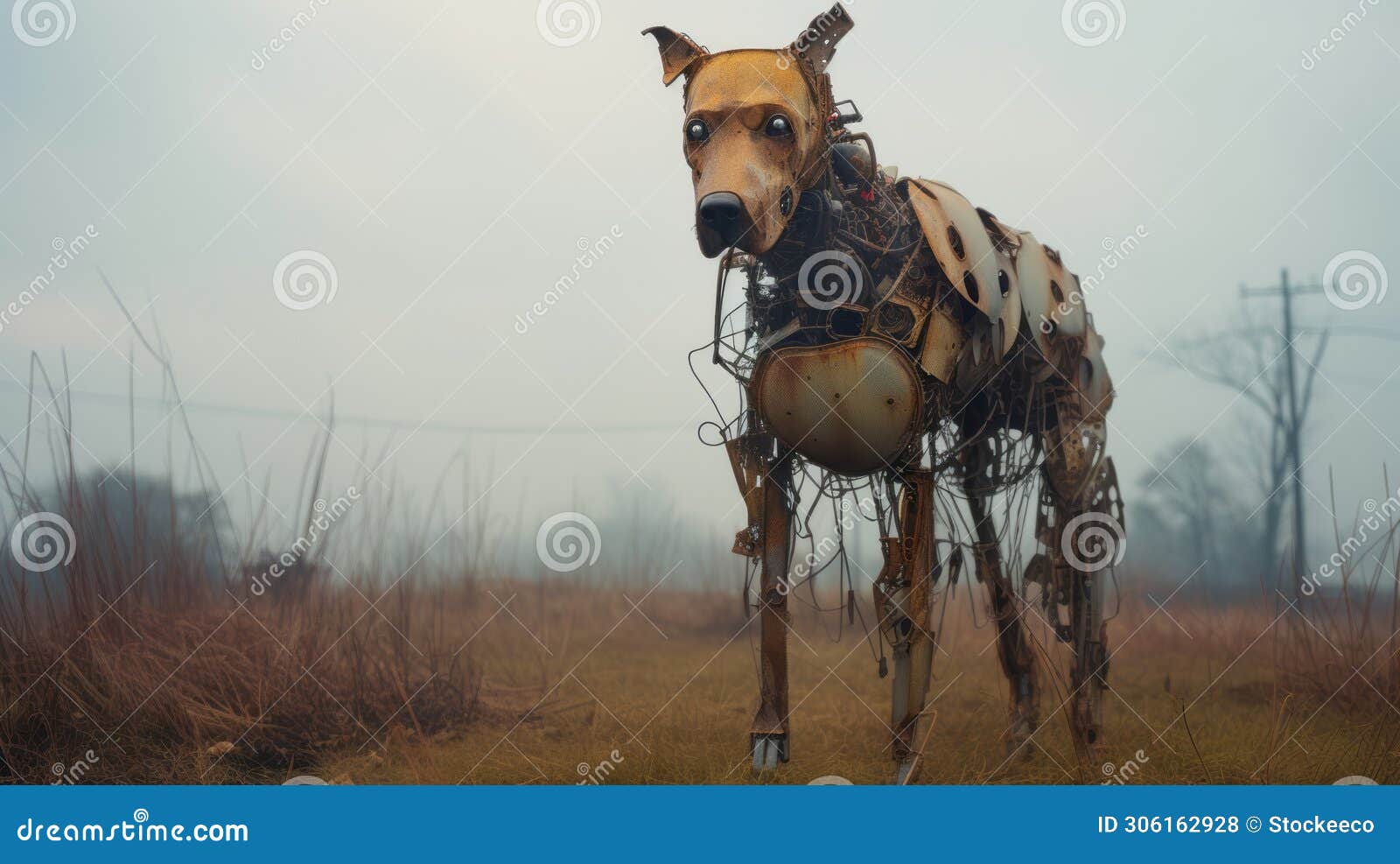 post-apocalyptic metal dog in a misty field