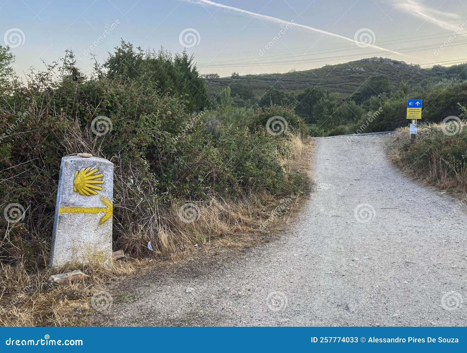 post mark with the yellow shell and arrow that guides the pilgrims along the camino de santiago, spain.