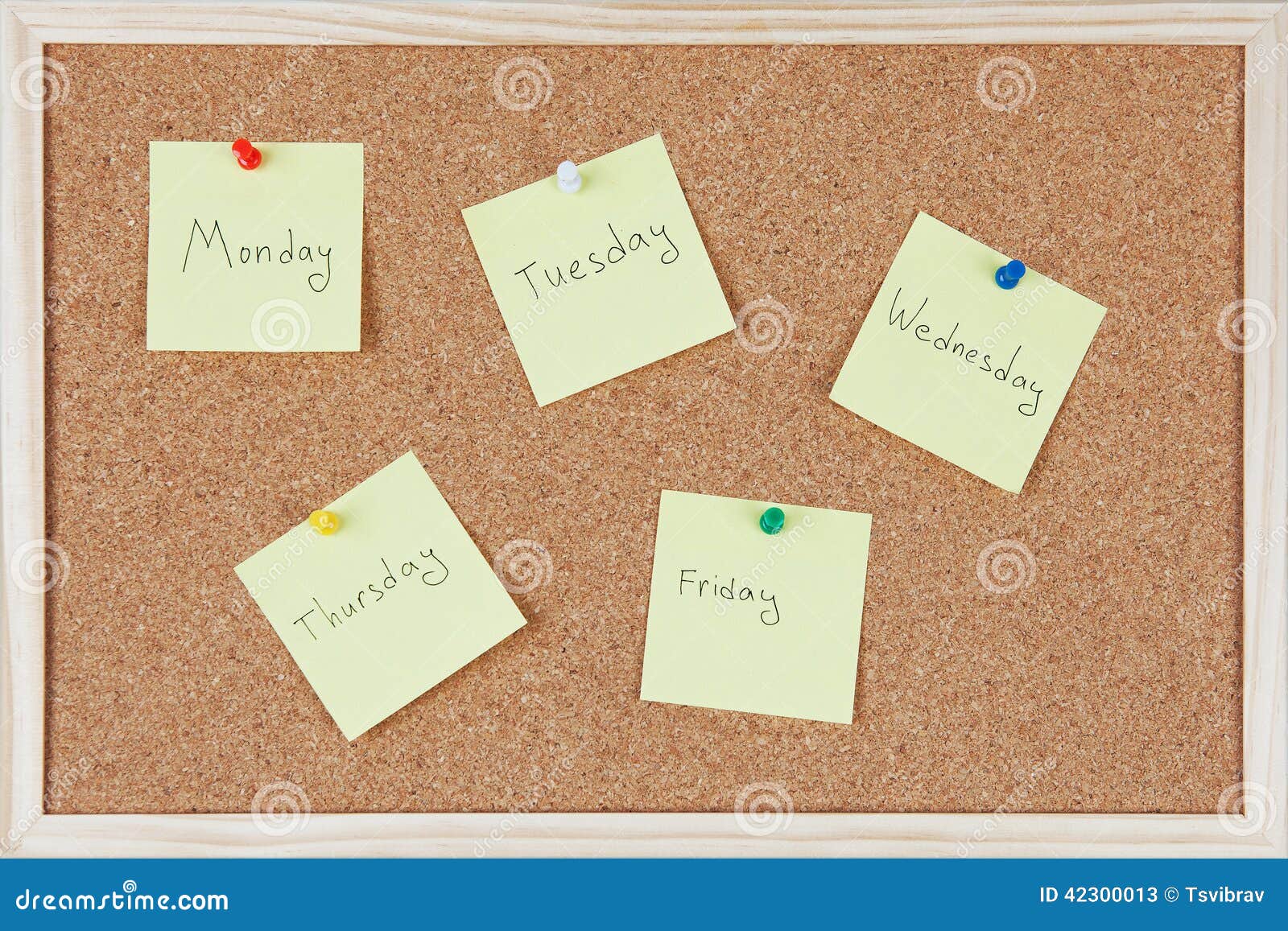 post-it notes with weekdays sticked on corkboard