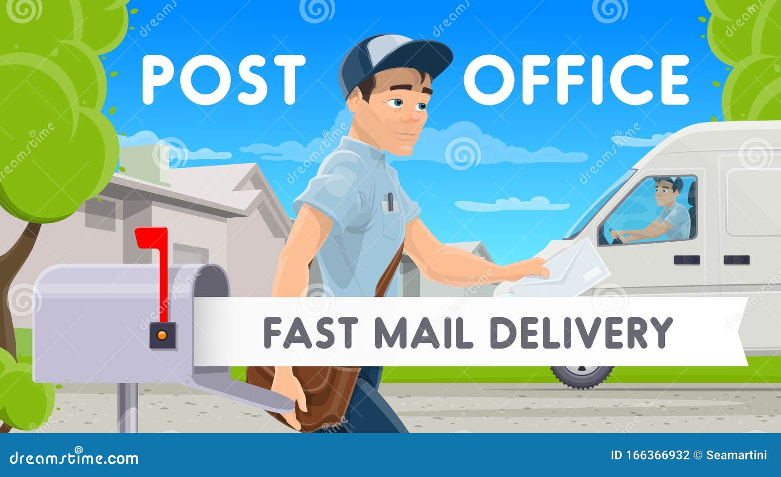 Fast Mail Delivery, Postman with Letter and Car Stock Vector