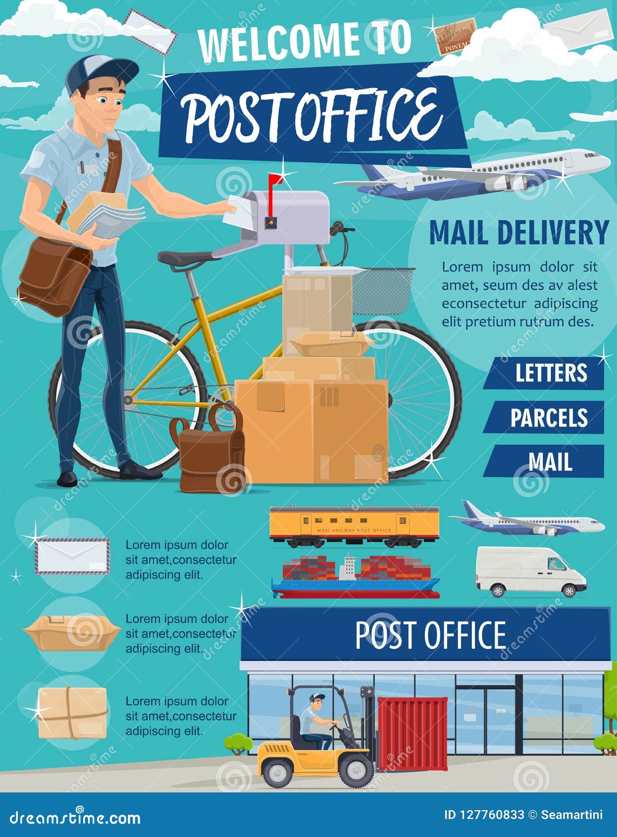 Post Office Poster with Mailman Delivering Letters Stock Vector