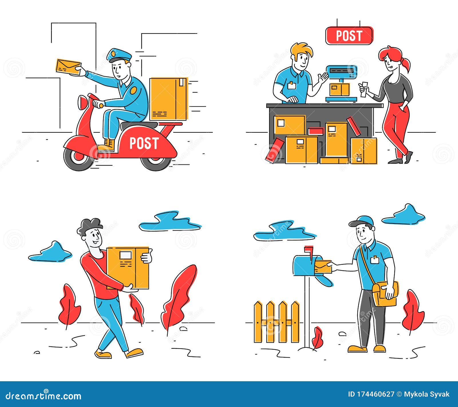 Post Office Workers and Clients Set. People Receiving and Sending Mail,  Postman Weigh and Delivering Packages Stock Vector - Illustration of cartoon,  occupation: 174460627