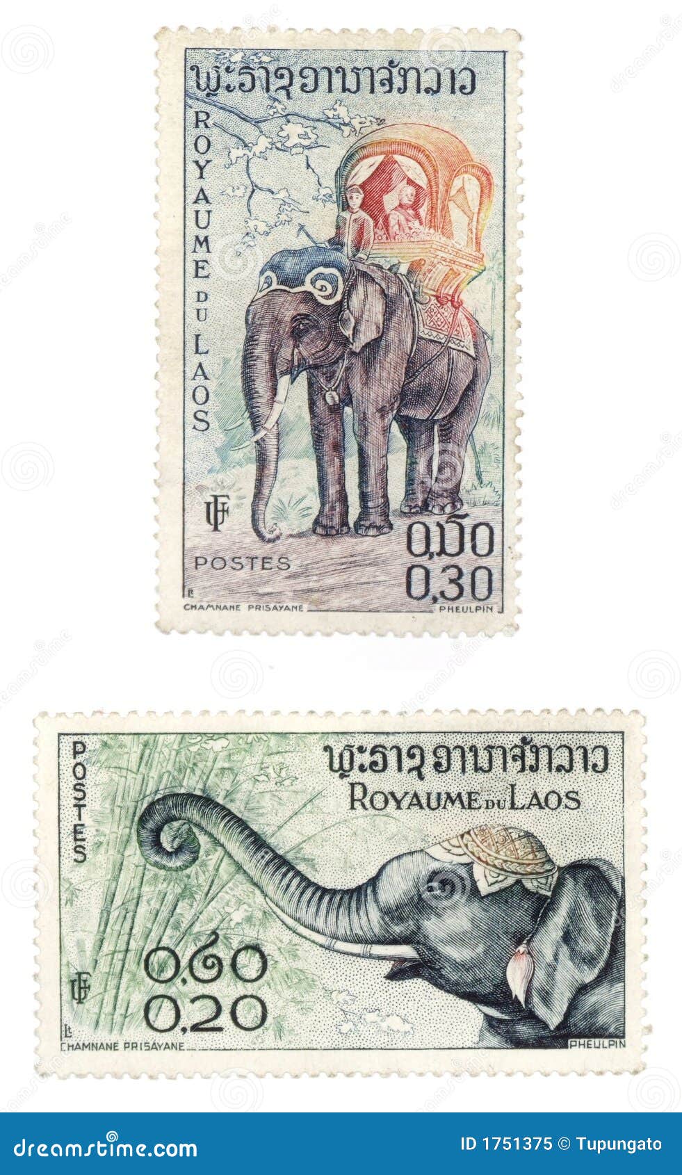 Post Stamps with Elephants from Laos Editorial Image Image of print