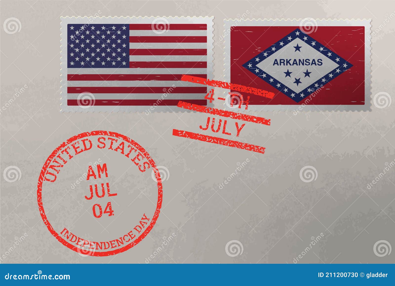 Postage Stamp Envelope with Arkansas and USA Flag and 4th July Stamps, Vector Stock Vector