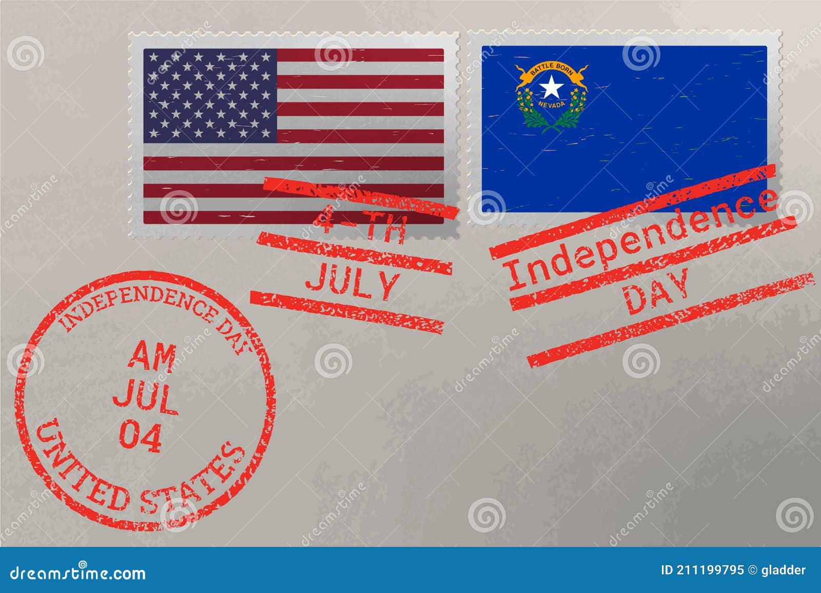 Postage Stamp Envelope with Nevada and USA Flag and 4th July Stamps, Vector Stock Vector