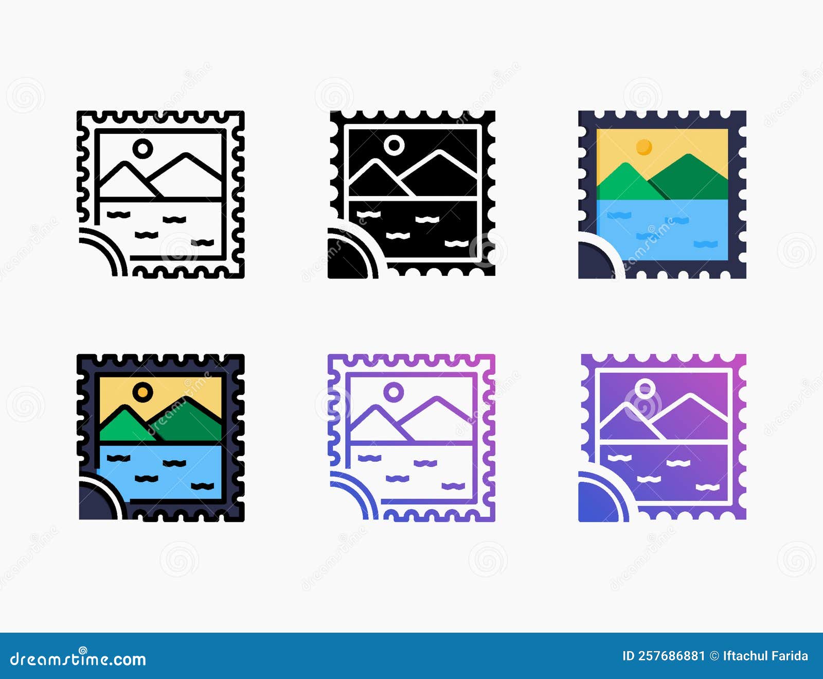 Postage Stamp Icon Set with Different Styles. Stock Vector
