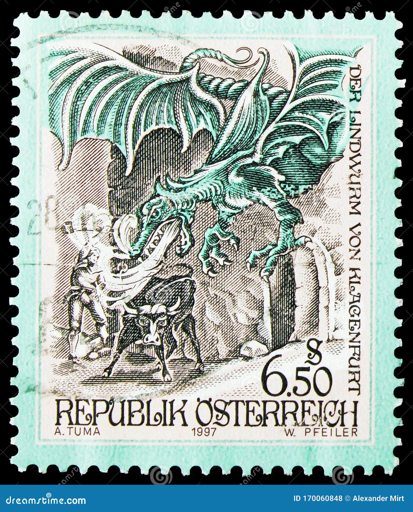 Postage stamp printed in Austria shows The wyvern of Klagenfurt, Sages and Legends serie, circa 1997