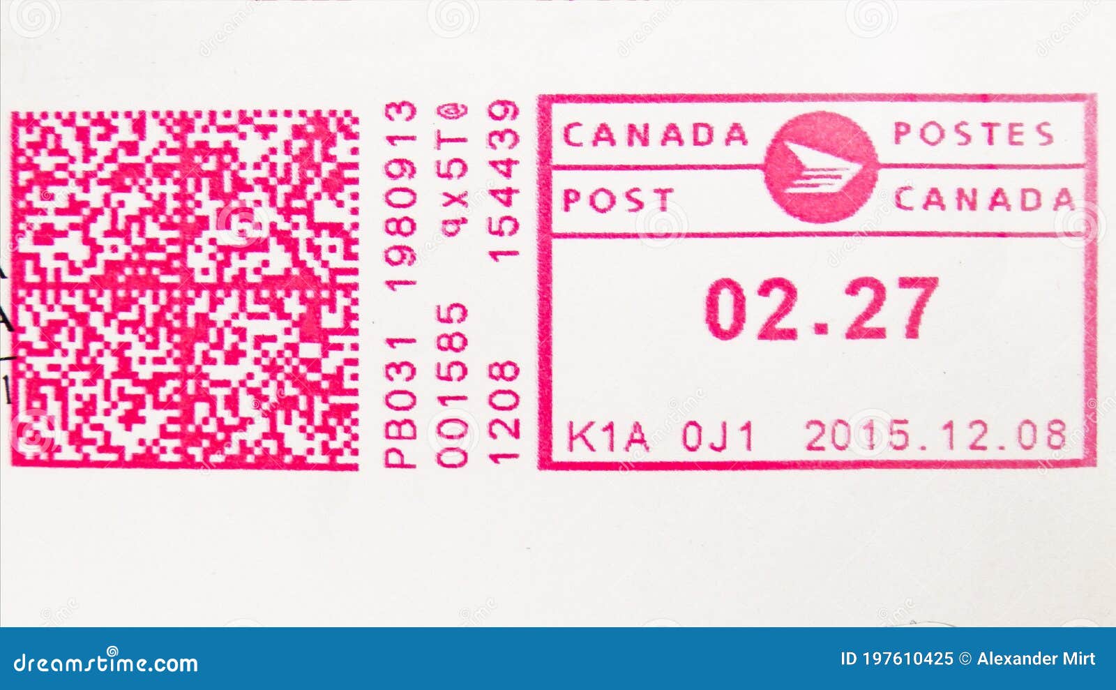 Postage Stamp Printed in Canada Shows Franking Machine Stamp, Dated