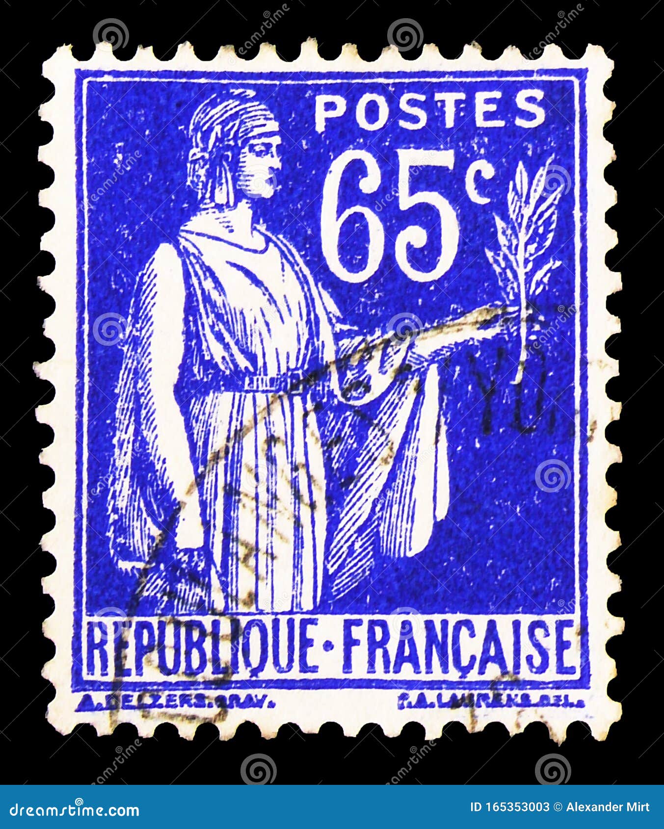 MOSCOW, RUSSIA - SEPTEMBER 30, 2019: Postage stamp printed in France shows Type Peace, Peace allegory serie, circa 1937, collection, correspondence, heritage, historic, hobby, isolated, issue, letter, mail, old, philatelic, philately, image, postal, postmark, retro, vintage, 65, woman, nature, plant, flora