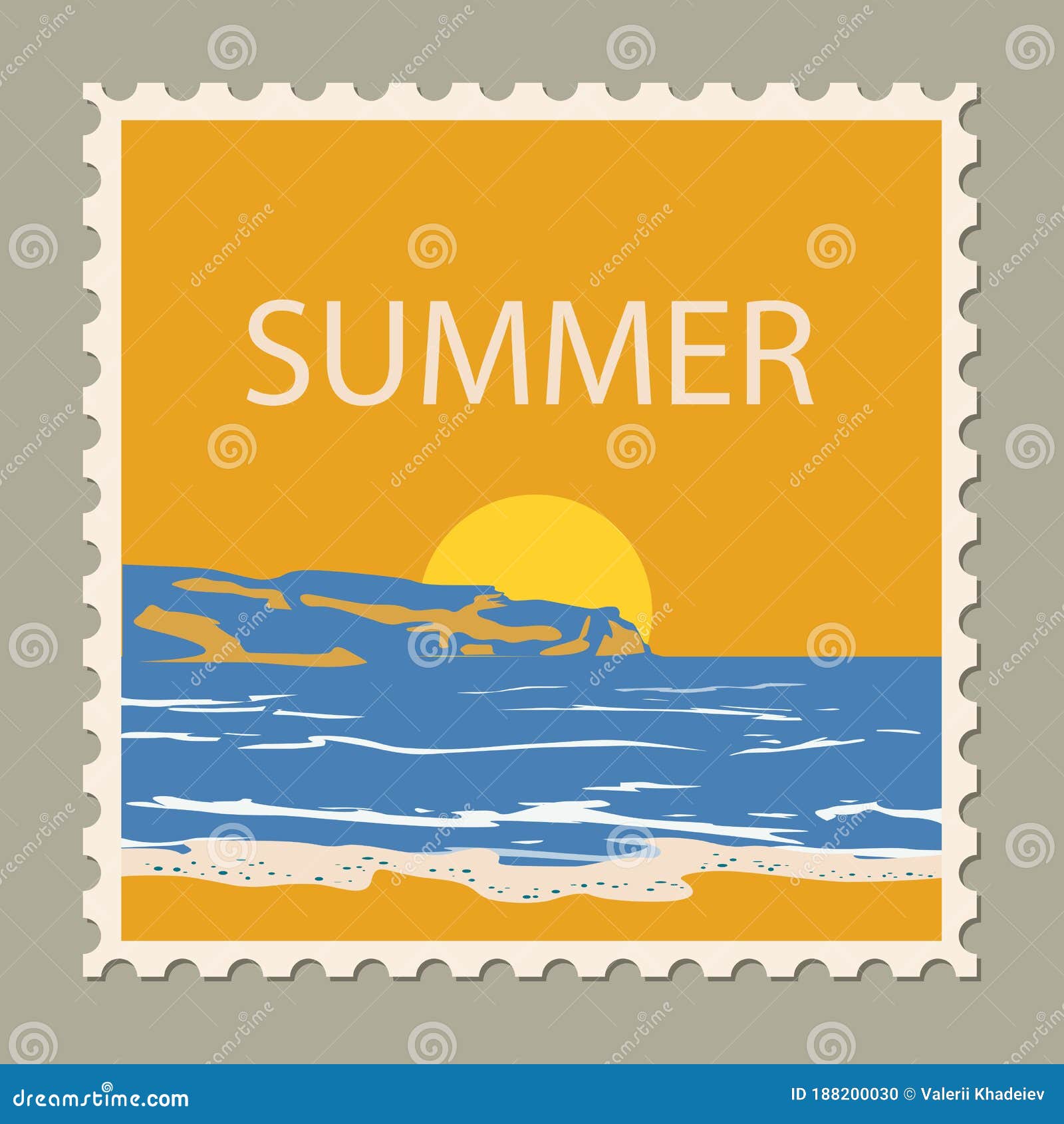 Postage Stamp Summer Vacation Sunset Ocean Sea. Retro Vintage Design ...