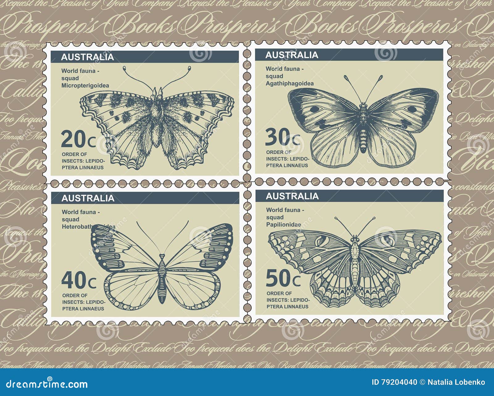 Vintage postcard and postage stamps with butterfly