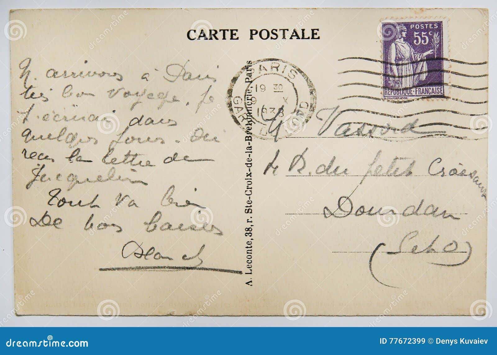 Postal Francesa Antigua Con El Sello De París Imagen de archivo