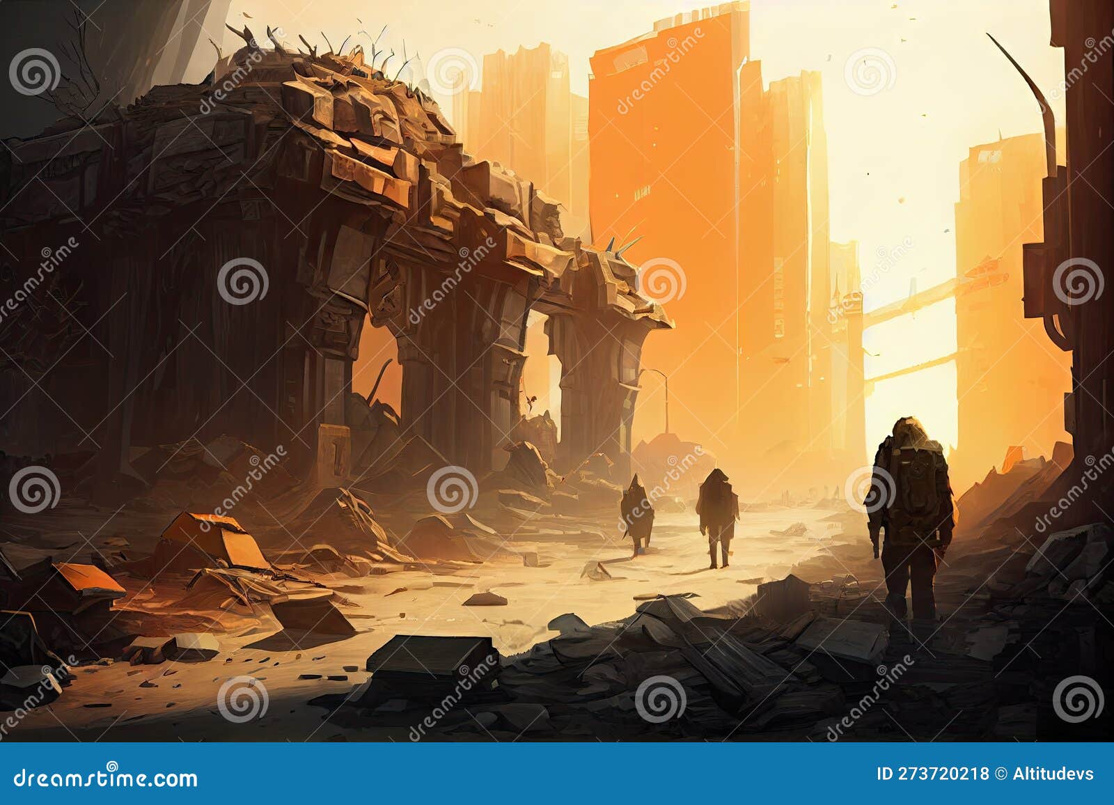 postapocalyptic city, with scavengers picking through the remains of a fallen civilization
