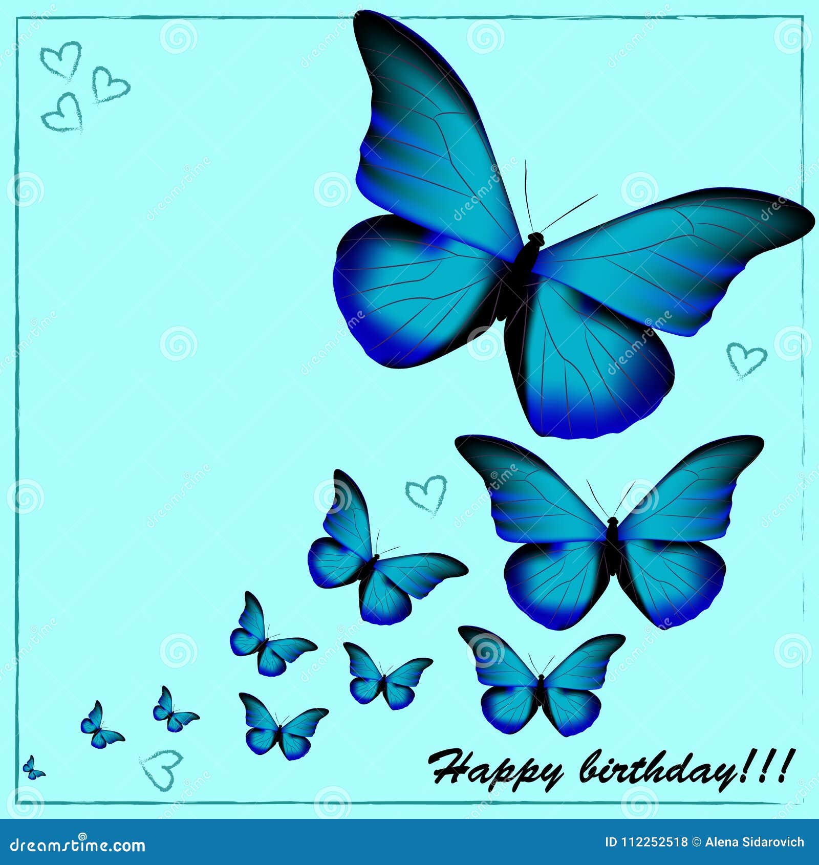 Postcard With A Happy Birthday Many Blue Butterflies On A Blue Stock