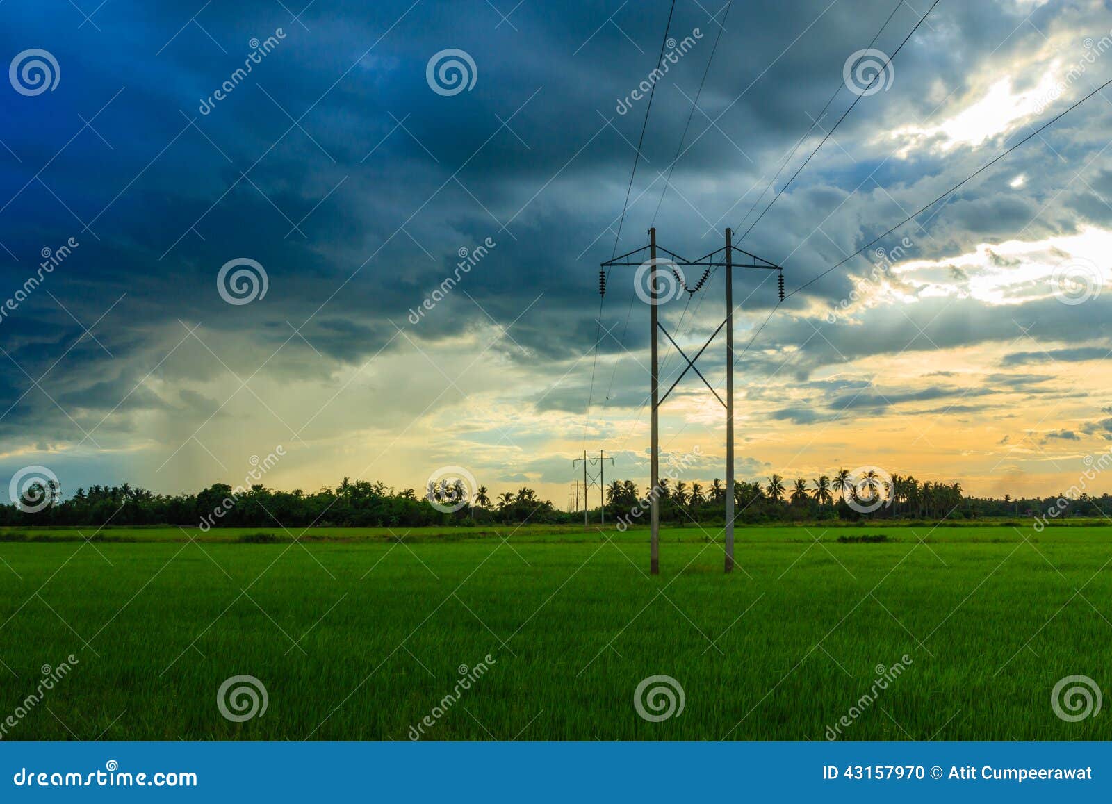 Poste eléctrico en campo y el cielo verdes de Rainny. Poste eléctrico en campo verde y cielo lluvioso hermoso