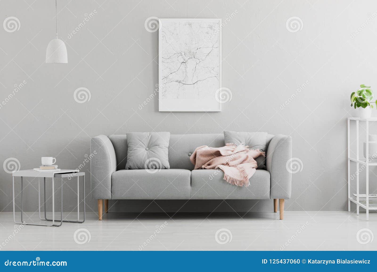 Poster Above Grey Sofa With Pink Blanket In Living Room 